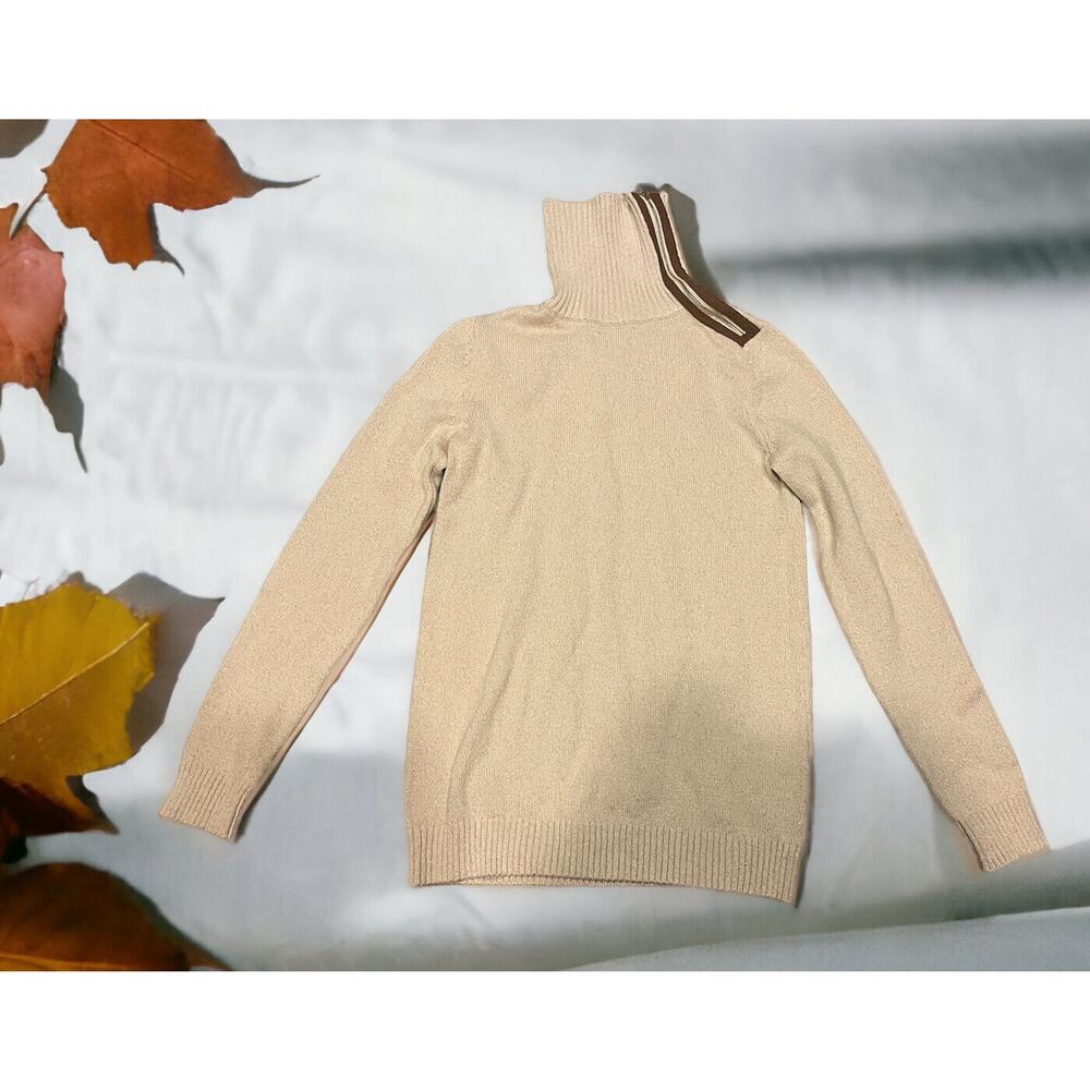 Charter Club Womens Petite/Petite Split Zip Front Turtleneck Sweater Cream Gold